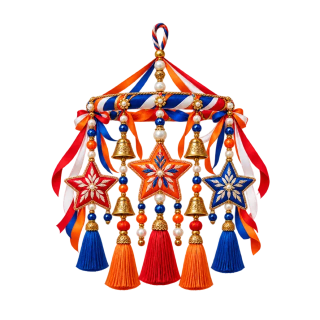 Blue, red and orange star mobile with tassels