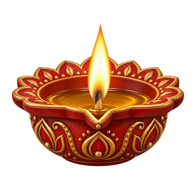 A red decorative oil lamp with gold patterns and a single glowing flame