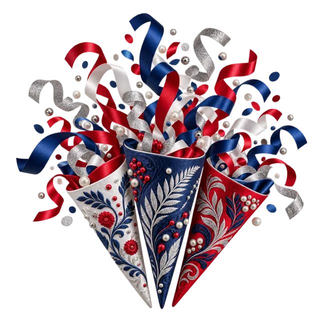 Navy, red and white confetti cones with curled streamers