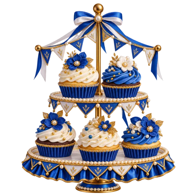 Blue and cream cupcake carousel with floral decorations