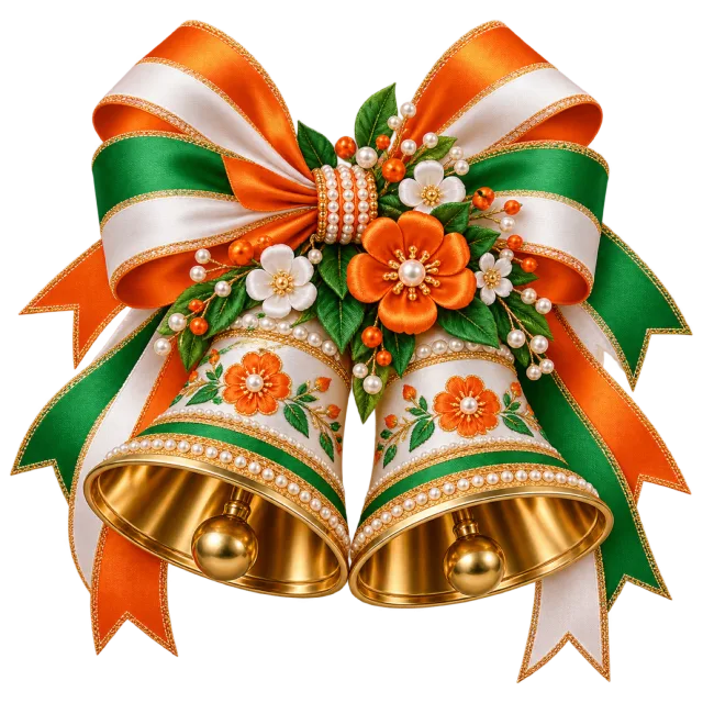 Golden handbells with orange, green and white ribbons