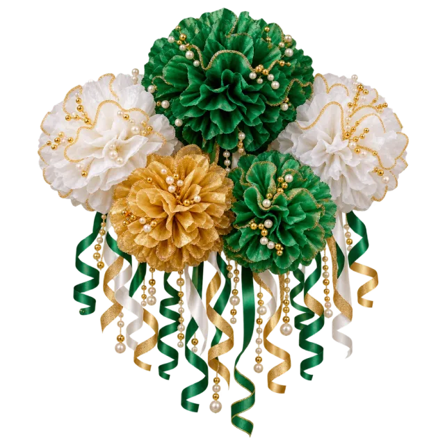 Green, white and gold paper pompoms