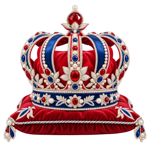 Red, white and blue jeweled crown on a red cushion