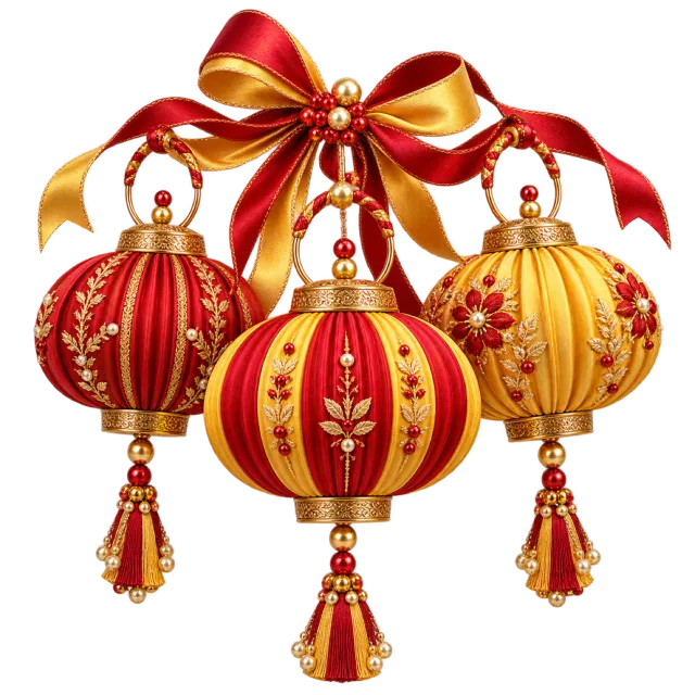 Red and yellow lantern trio with golden details