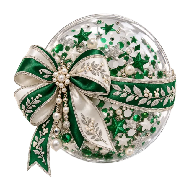 Clear green and white confetti capsule with a broad bow