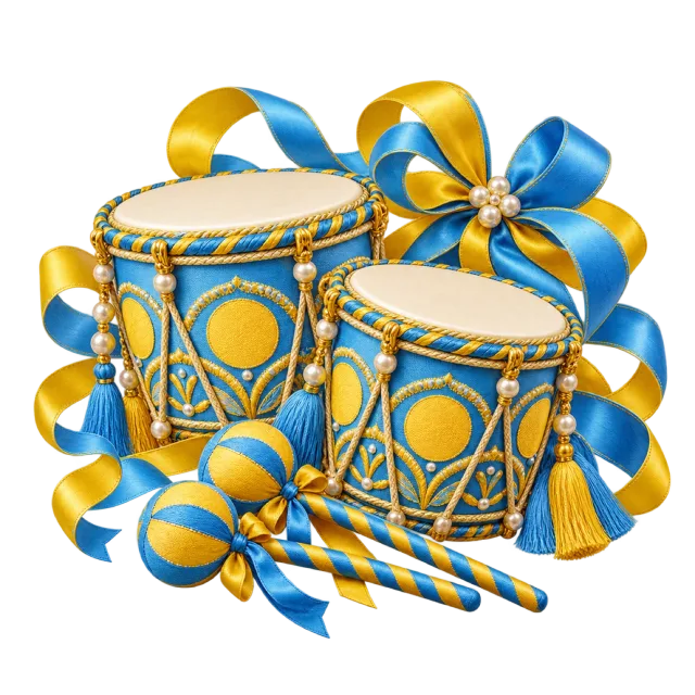 Blue and yellow drum pair with matching ribbons