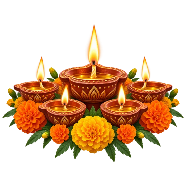 Five lit clay lamps arranged with orange and yellow marigolds