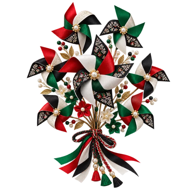 Red, green, black and white pinwheel spray