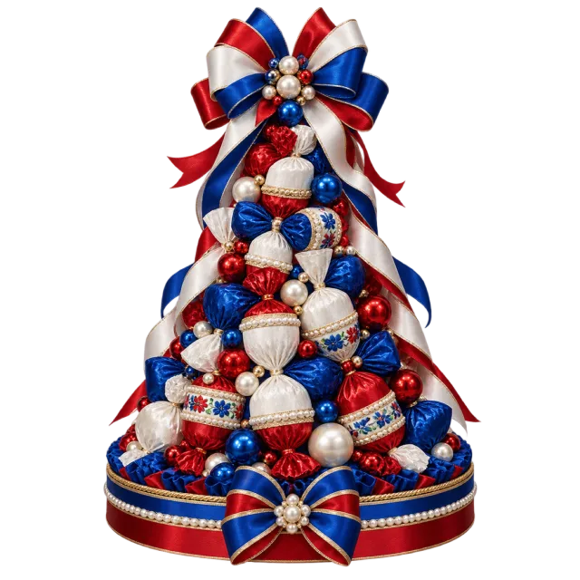 Red, blue and white candy tower with golden accents