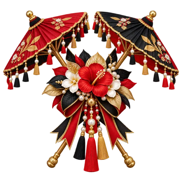 Red and black parasols with flowers and tassels