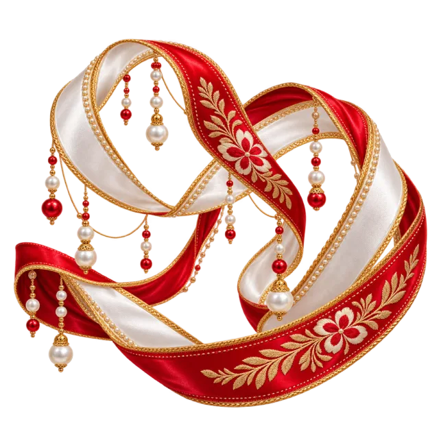 Red and cream looping ribbons with dangling beads