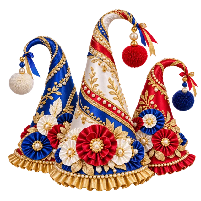 Blue, red and cream party hats with floral patterns