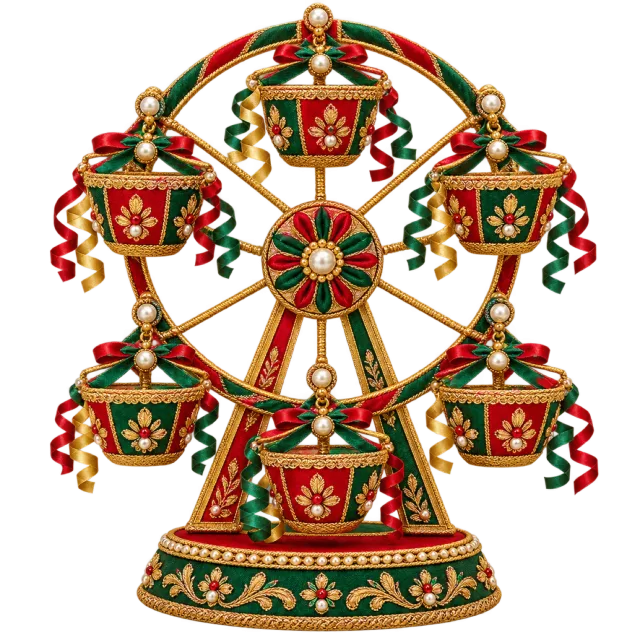 Green and red miniature festive wheel with golden trim