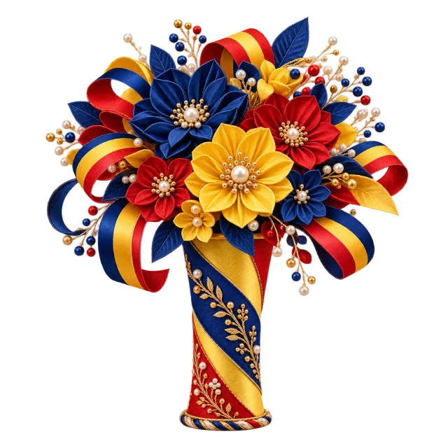 Blue, yellow and red flower cone with striped ribbons