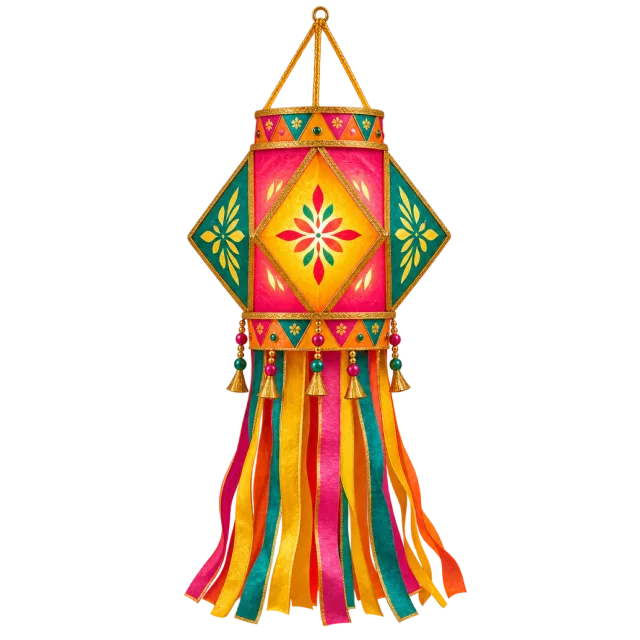 A brightly patterned hanging lantern with long multicolored paper streamers