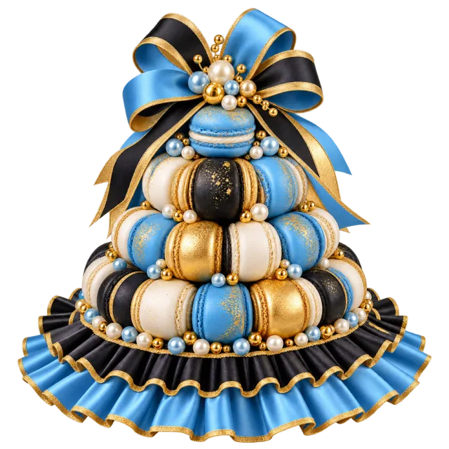 Blue, gold and cream macaron pyramid