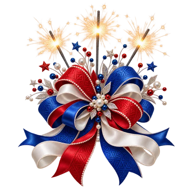 Red, blue and white bow with glowing sparklers