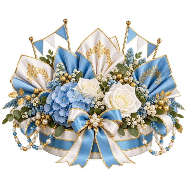 Pale blue and white floral centerpiece with paper fans