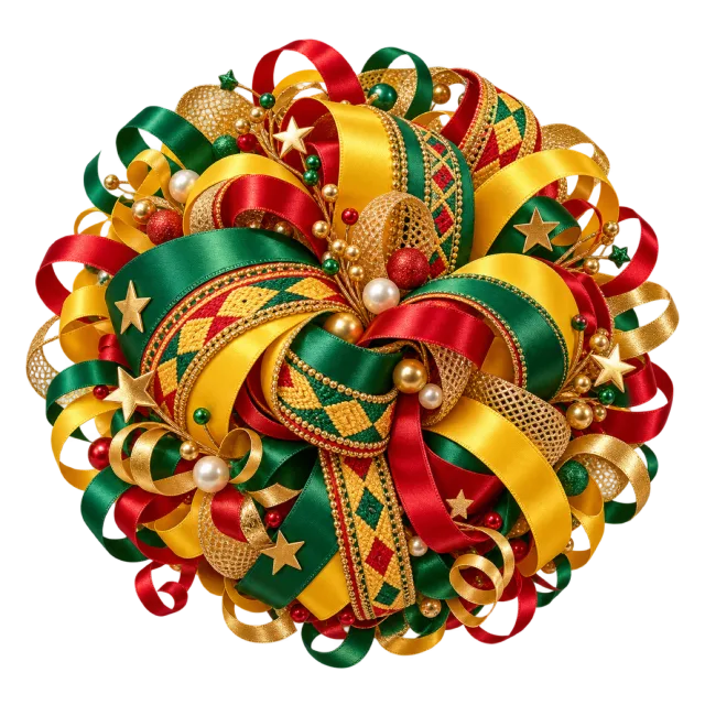 Red, yellow and green streamer orb with golden stars
