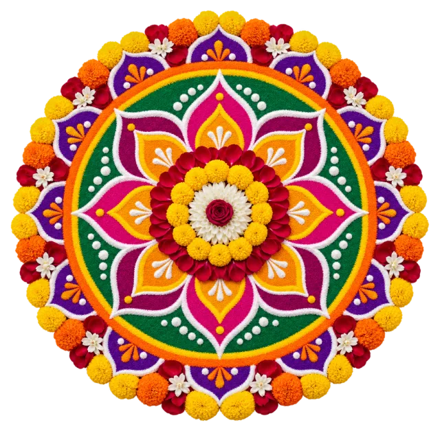 A round multicolored rangoli design framed by orange and yellow flowers