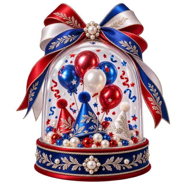 Red, white and blue balloon dome with floral trim