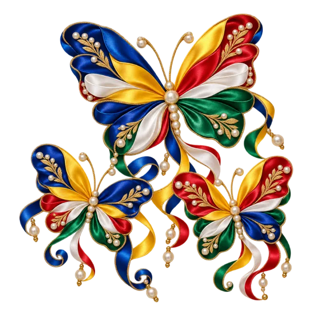 Blue, yellow, red and green ribbon butterflies