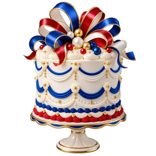 Cream cake with blue swags and a multicolored ribbon topper