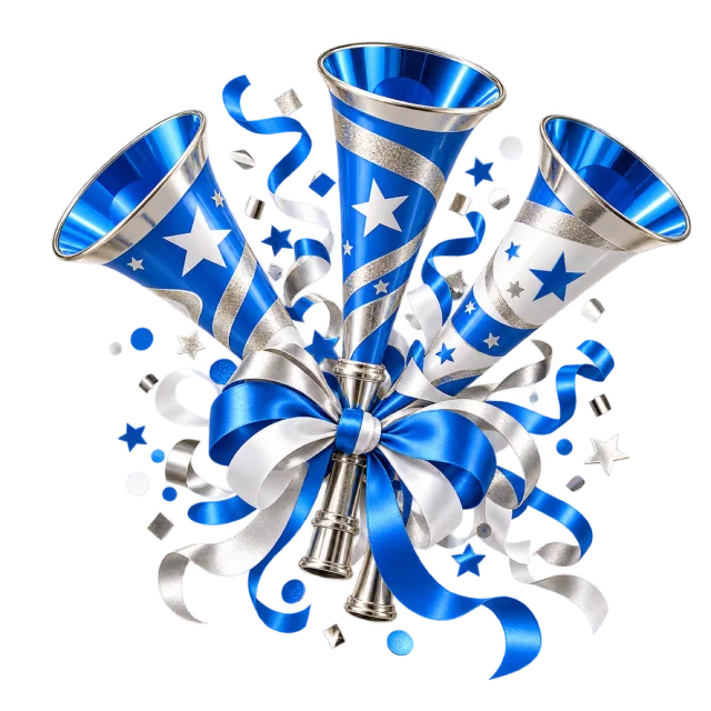 Blue and white star-patterned party trumpets