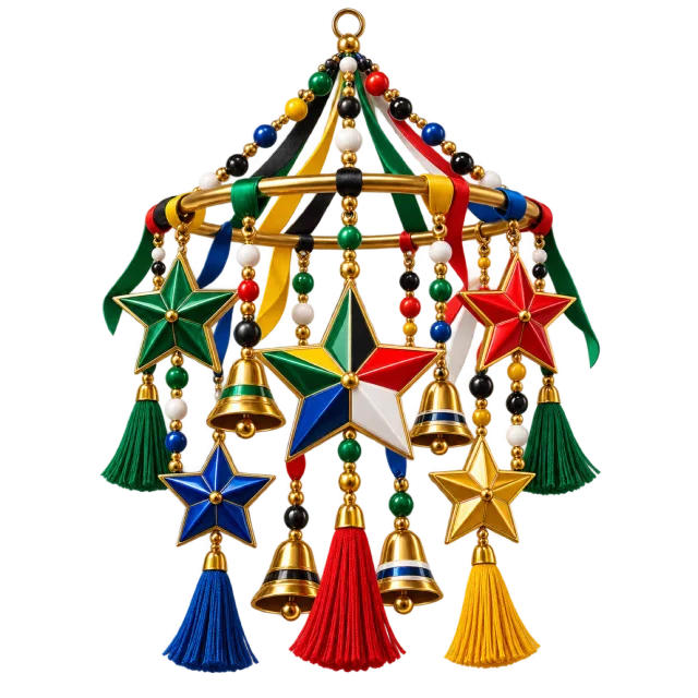 Multicolored hanging star mobile with golden bells