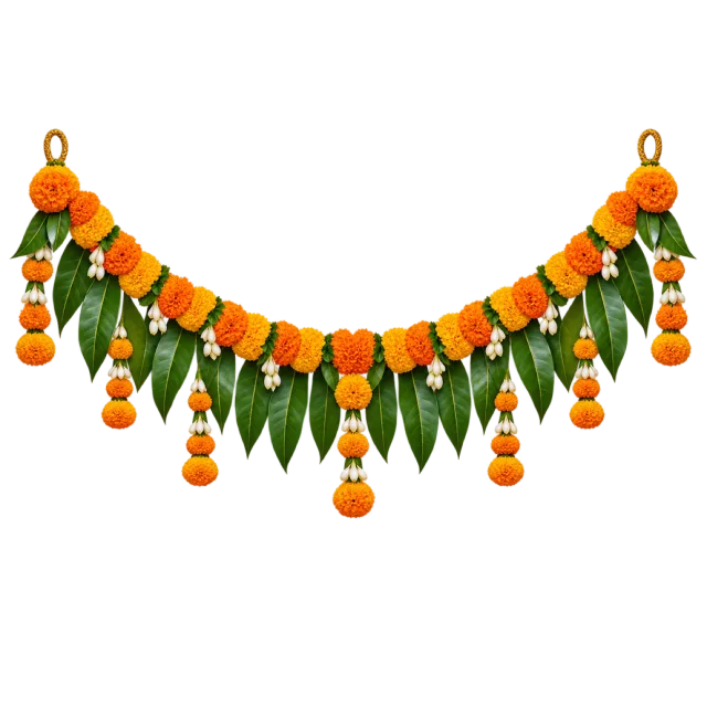 A curved hanging garland of marigolds and green leaves with floral tassels