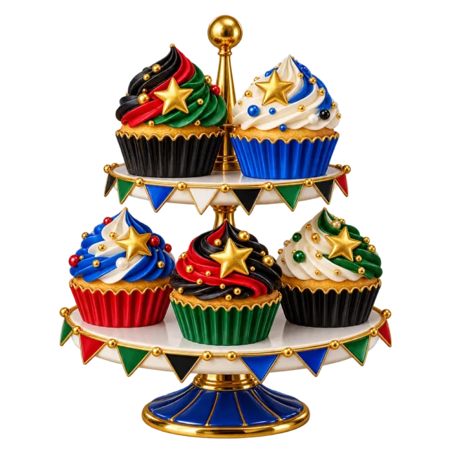 Multicolored cupcakes on a two-tier carousel stand