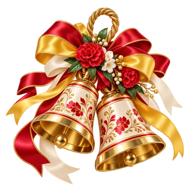 Golden floral handbells with red and yellow ribbons