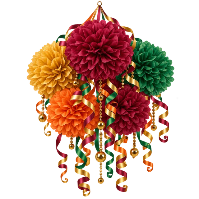 Red, green, orange and yellow pompom cluster