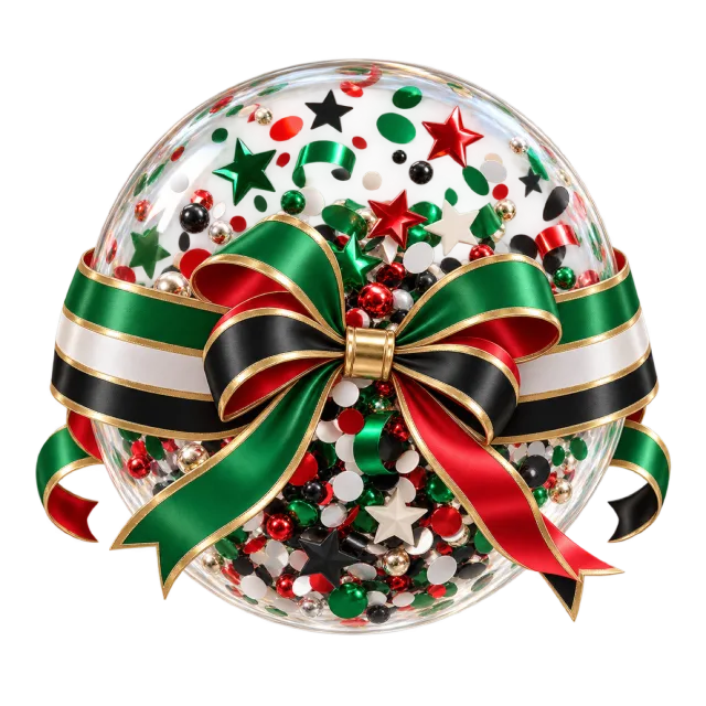 Clear confetti capsule with red, black, green and white ribbons