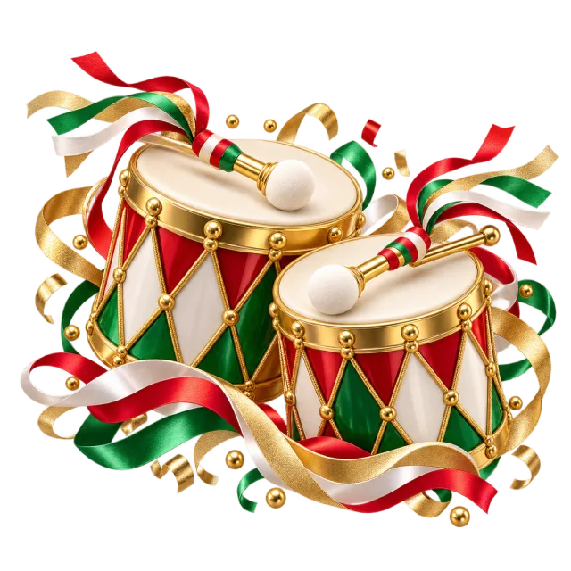 Red, green and cream drums with matching sticks