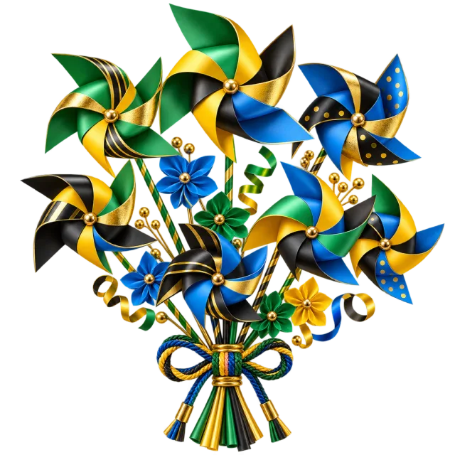 Blue, green, yellow and black pinwheel bouquet