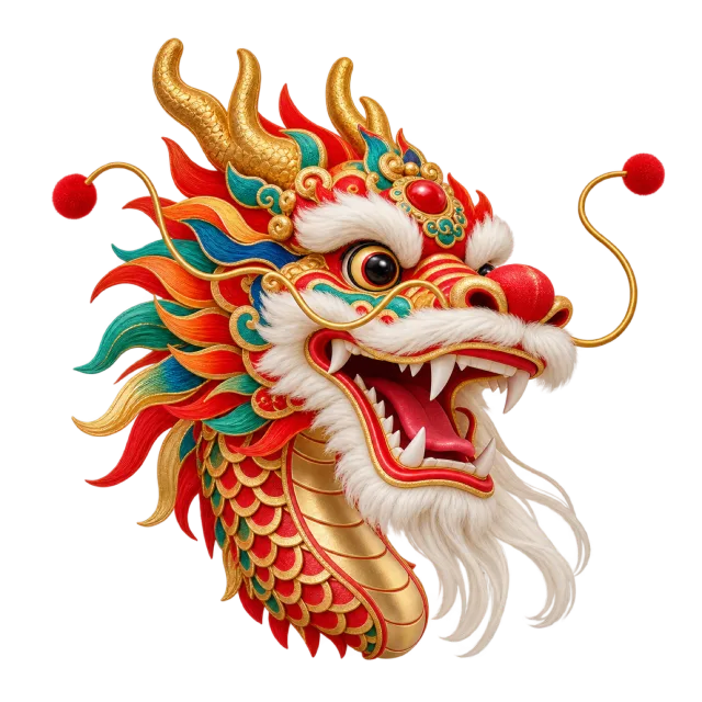 A red and green dragon dance head with gold horns and a flowing white beard