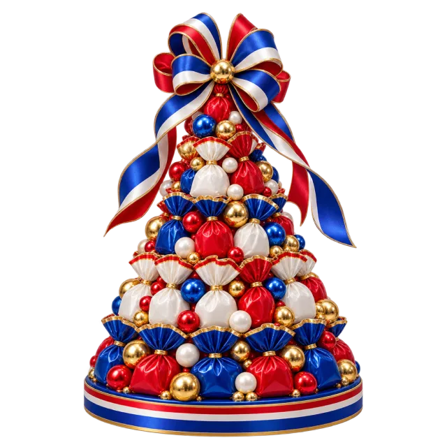 Red, blue and white sweets arranged in a cone tower