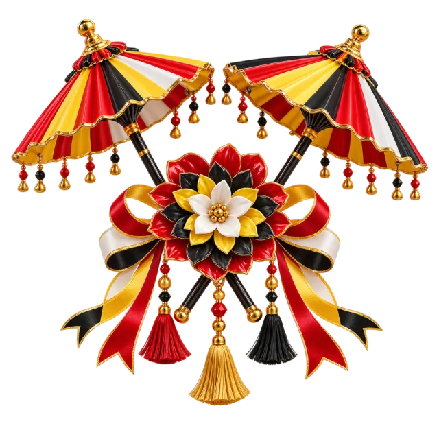 Red, yellow and black parasols with a floral center