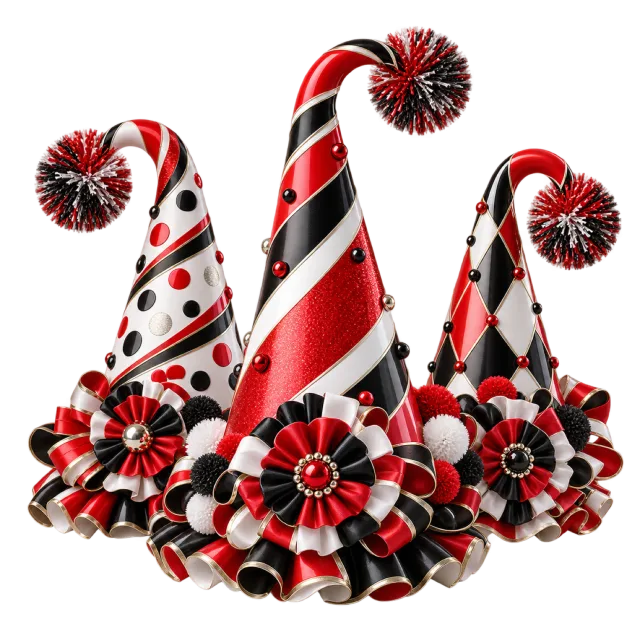 Red, black and white party hats with pompom tips