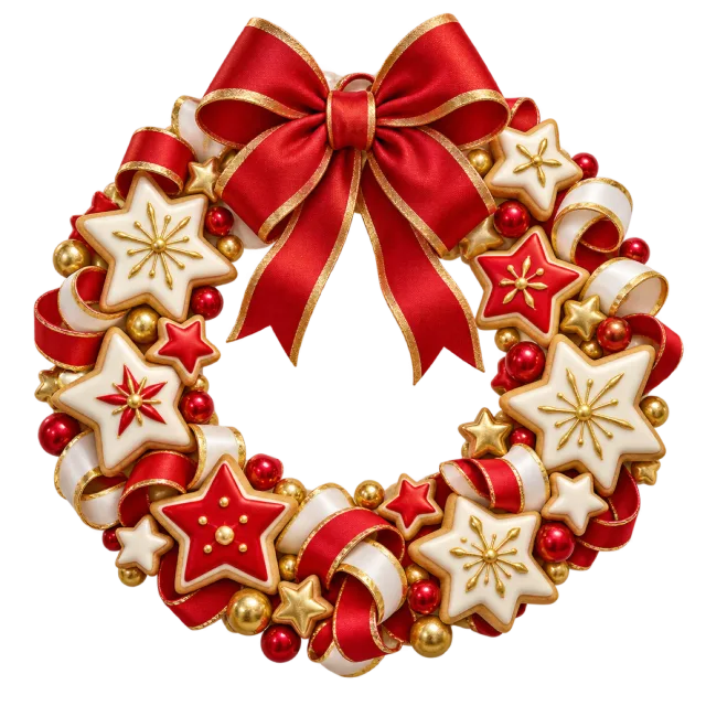 Red and cream star cookie wreath with a large bow