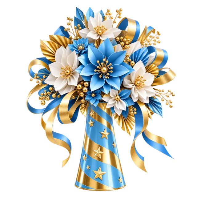 Pale blue and white flowers in a star-patterned cone