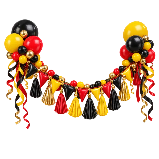 Black, yellow and red party bunting with balloons