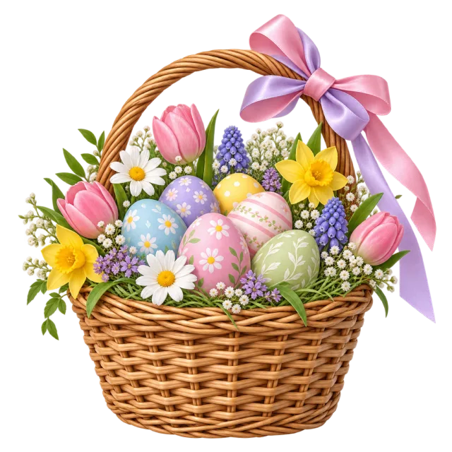 A wicker basket filled with pastel eggs, flowers and a pink ribbon bow