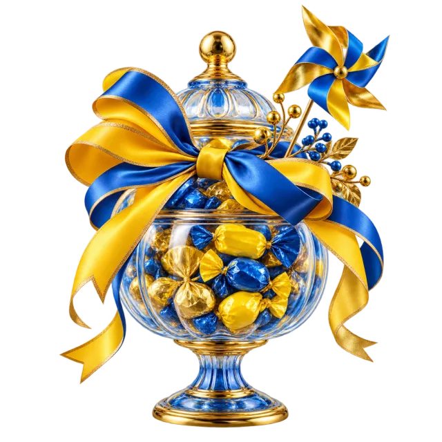 Blue and yellow bonbon jar with a large ribbon