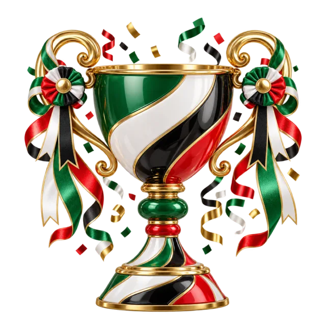 Green, black, white and red trophy cup with ribbons