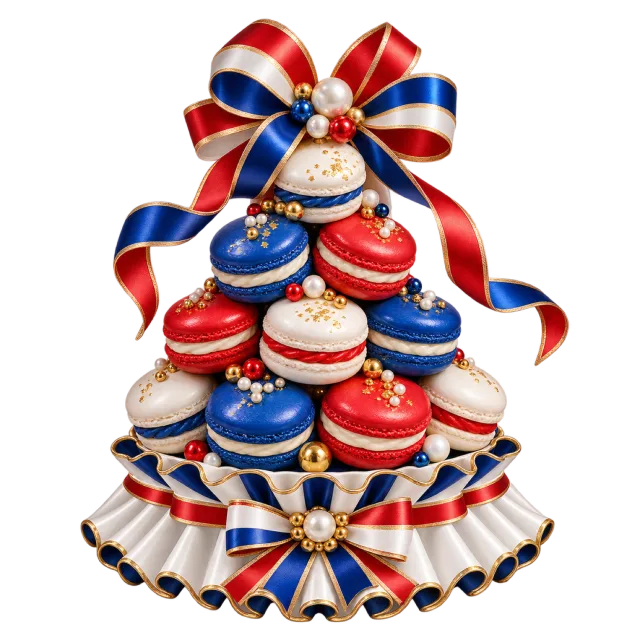 Red, white and blue macarons on a tiered stand