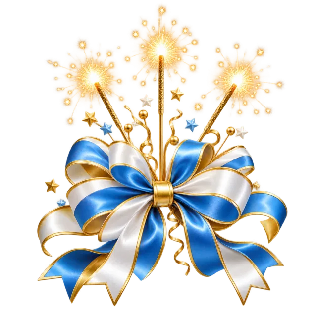 Pale blue and golden bow with three sparklers