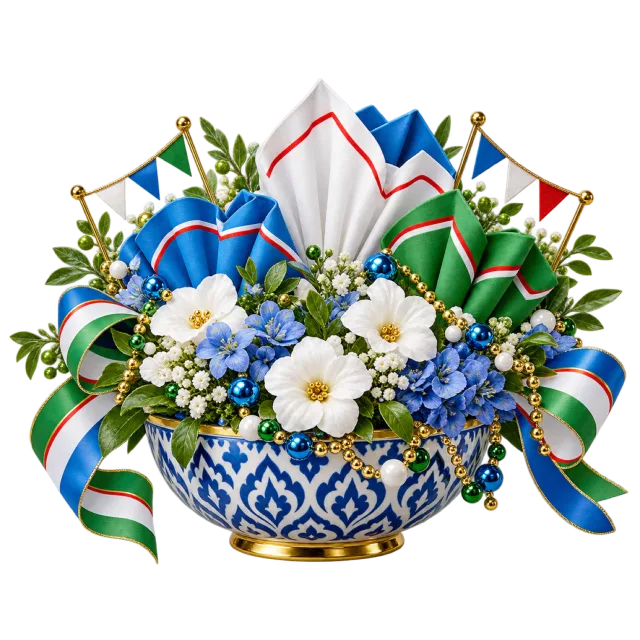 Blue, white and green floral table centerpiece