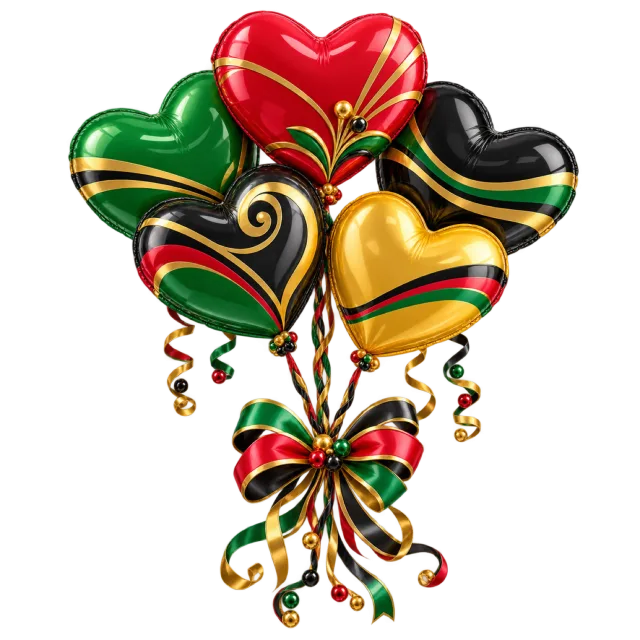 Red, green, yellow and black heart balloons with golden trim